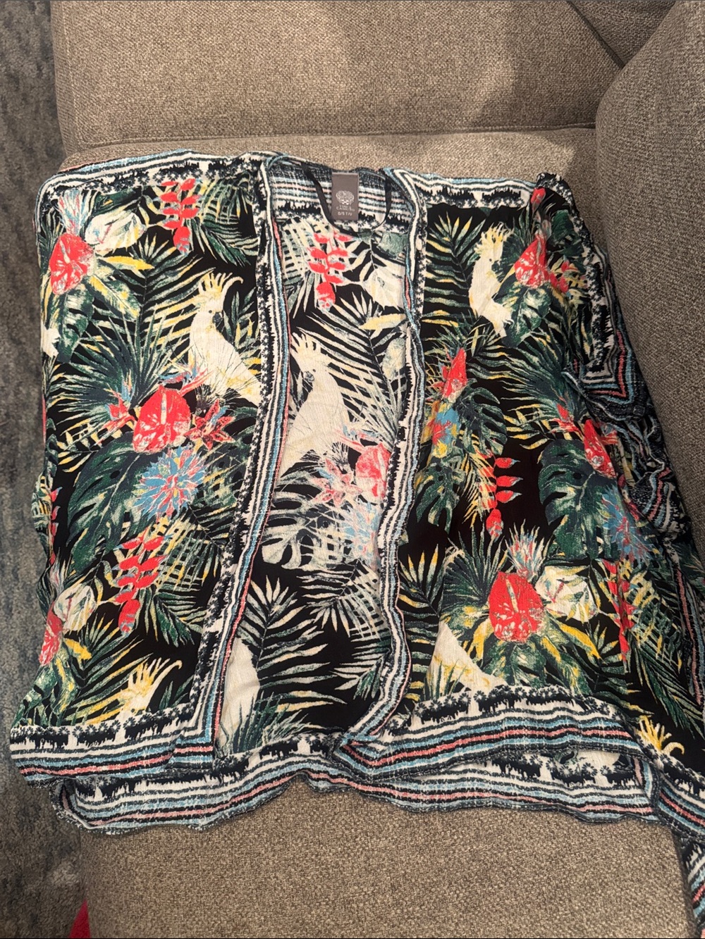 Tropical Parrot Print top- Black Base with Green & Red Accents